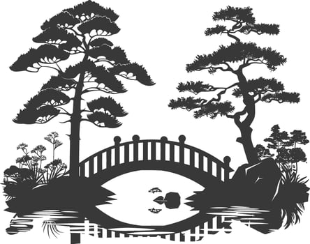 silhouette traditional japanese garden with bridge black color only vector