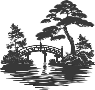 silhouette traditional japanese garden with bridge black color only vector