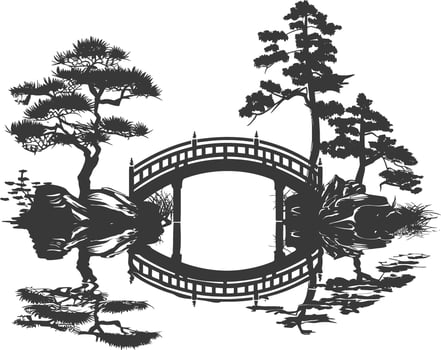 silhouette traditional japanese garden with bridge black color only vector