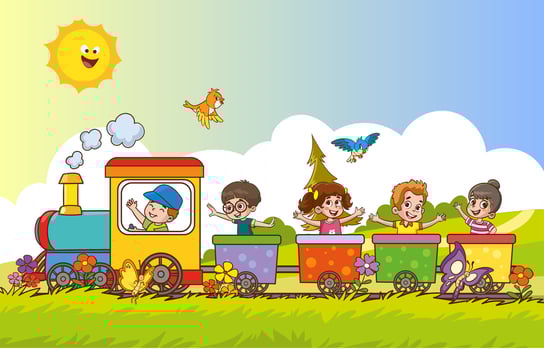 illustration cartoon of happy kids with the train.Funny Children Riding On The Train vector