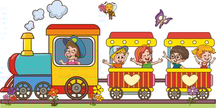illustration cartoon of happy kids with the train.Funny Children Riding On The Train vector
