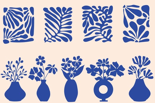 Matisse curves aestethic. Groovy abstract flower and vases art. Organic floral doodle shapes in trendy naive retro hippie 60s 70s style. Trendy minimal botanical style for poster, logos, covers. vector