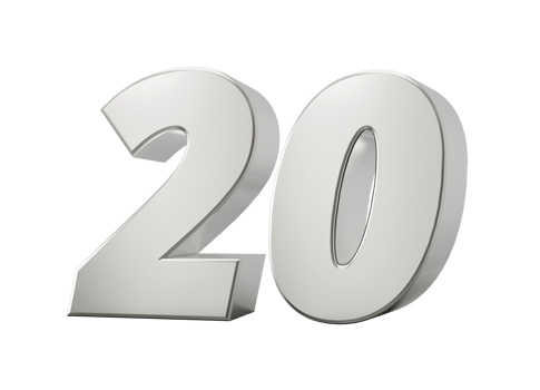 Silver 3d numbers 20 Twenty. 3d illustration png