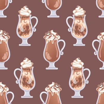 International Coffee Day. Hot drinks. Seamless pattern with coffee, cocoa, cappuccino. In warm earthy tones. For wallpaper, fabric, wrapping, background. vector