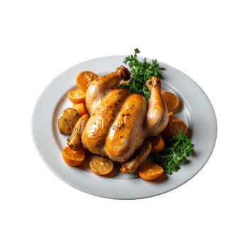 Homemade A full roasted chicken with Lemon, potatoes and vegetables on a plate isolated on transparent background . fast food png