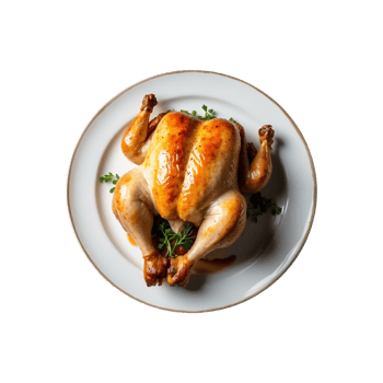 Homemade A full roasted chicken with Lemon, potatoes and vegetables on a plate isolated on transparent background . fast food png