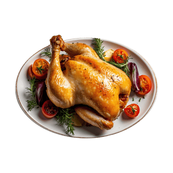 Homemade A full roasted chicken with Lemon, potatoes and vegetables on a plate isolated on transparent background . fast food png