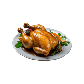 Homemade A full roasted chicken with Lemon, potatoes and vegetables on a plate isolated on transparent background . fast food png