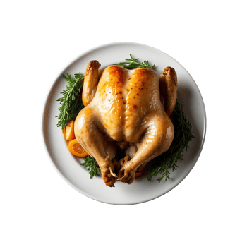 Homemade A full roasted chicken with Lemon, potatoes and vegetables on a plate isolated on transparent background . fast food png