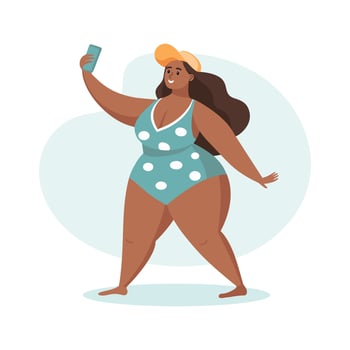Summer holidays time. Happy woman taking a selfie with a smartphone. Beach vacation and relax. Concept illustration. vector