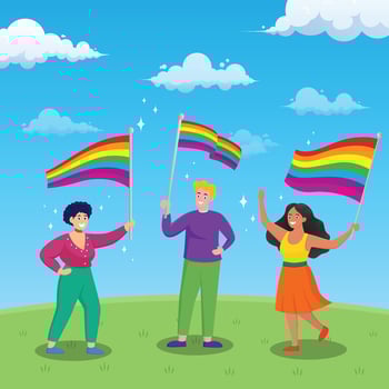 human celebrate pride month festival hold flag rainbow vector