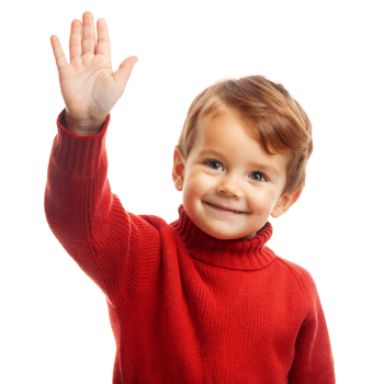 Happy Young Boy Wearing Red Sweater Raises Hand in Greeting png
