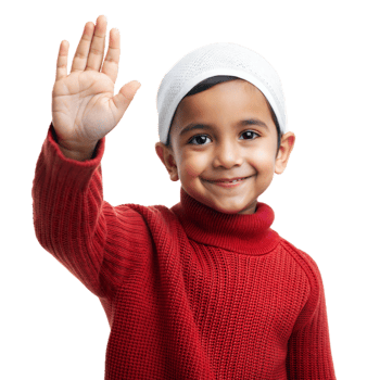 Smiling Young Boy Wearing a White Knit Hat and Red Sweater Raises His Hand png