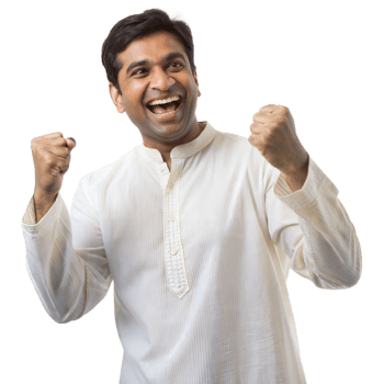 Happy Indian Man in White Shirt Celebrating Success With Raised Fists png