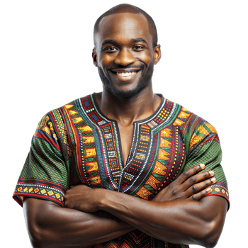 Smiling Man Wearing Colorful African Print Shirt png