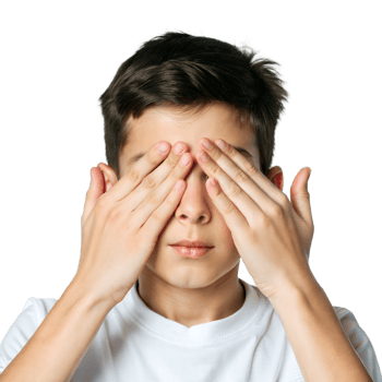 Young Boy Covering His Eyes With His Hands in a White T-Shirt png
