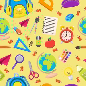 Back to school seamless pattern with different school elements. Colorful cartoon style kids design vector