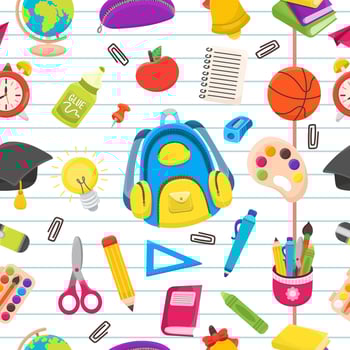 Back to school seamless pattern with different elements to school, background in notebook line. Colorful children's design in cartoon vector