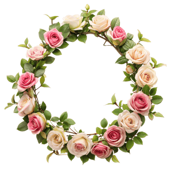 Elegant rose wreath with pink and white flowers on transparent background png