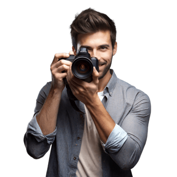 Smiling photographer with camera on transparent background png
