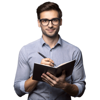 Young businessman with notebook and pen on transparent background png