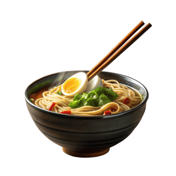 Bowl of ramen with egg and chopsticks on transparent background png