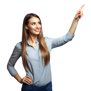 Smiling woman pointing upwards on transparent background png