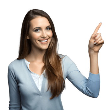 Smiling woman pointing up on transparent background png
