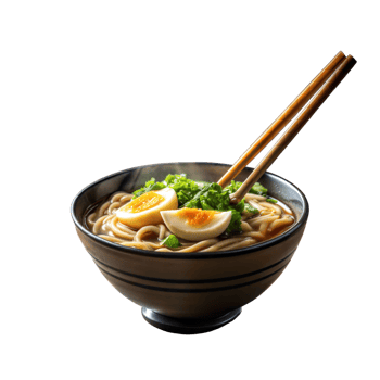 Delicious bowl of ramen noodles with egg and chopsticks png