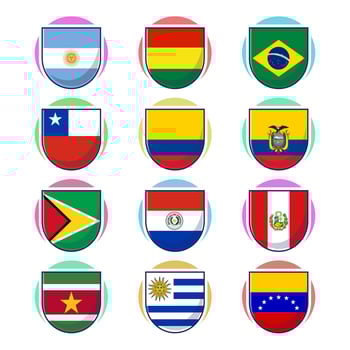 South american continent flags. Flat cartoon element design, travel symbols, landmark symbols, geography and map flags emblem. vector