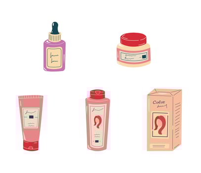 Set of products for hair care. Hair cosmetics. Hair mask, shampoo, color for hair, cream, and bottle with inscription. Illustration in flat style. vector