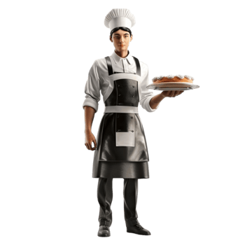 a chef holding a plate with a donut on transparent background. png