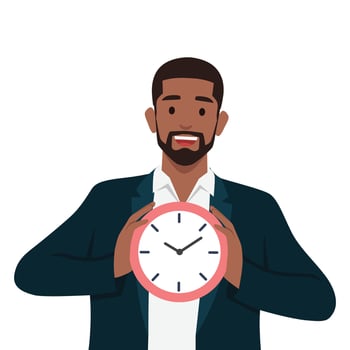 Young bearded businessman holding a clock. Time management concept. vector