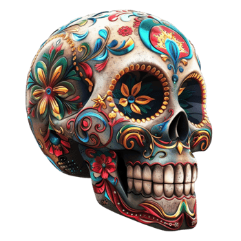 Generated AI Ornately Designed or Painted Mexican Skull for the Day of the Dead isolated on transparent background png