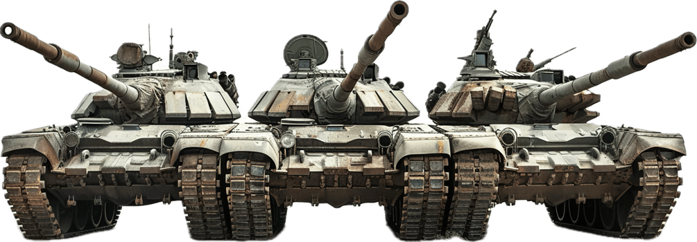 Front View of Three Rusty Military Tanks. png