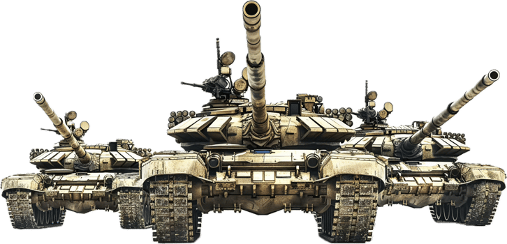 Front View of Three Rusty Military Tanks. png