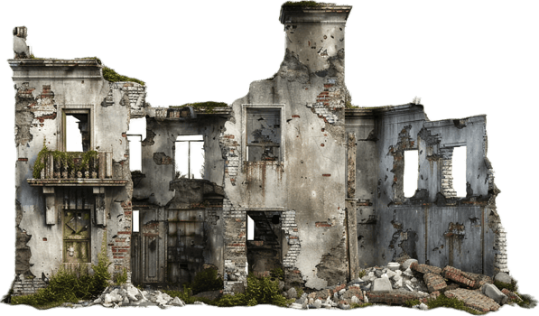 Abandoned Building Ruins with Crumbling Walls. png