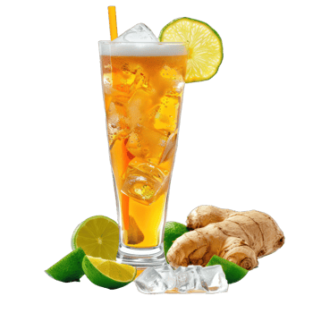 A glass of tea with a lime and a piece of ginger on the side. The drink is served in a tall glass with a straw png