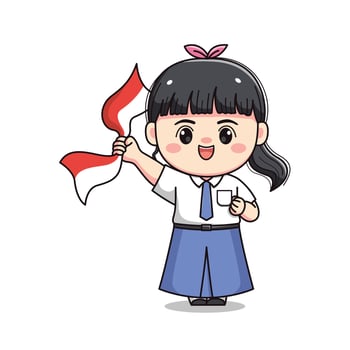 Indonesian student senior high school holding flag cute kawaii girl character vector