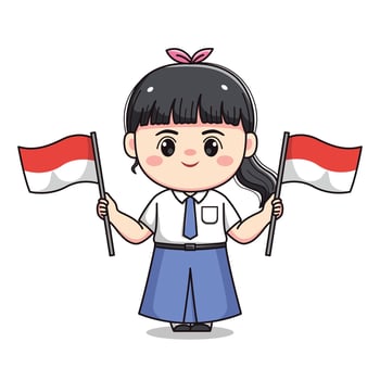 Indonesian student senior high school holding flag cute kawaii girl character vector