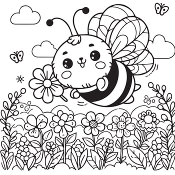cute bumble bee line illustrations with honeycomb vector