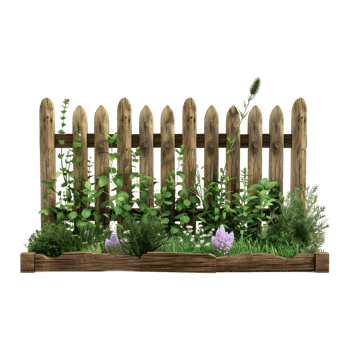 Wooden Fence with Grass and Flowers Outdoor on Transparent Background png