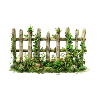 Wooden Fence with Grass and Flowers Outdoor on Transparent Background png