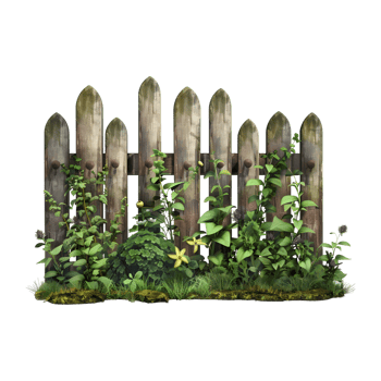 Wooden Fence with Grass and Flowers Outdoor on Transparent Background png