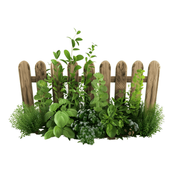 Wooden Fence with Grass and Flowers Outdoor on Transparent Background png
