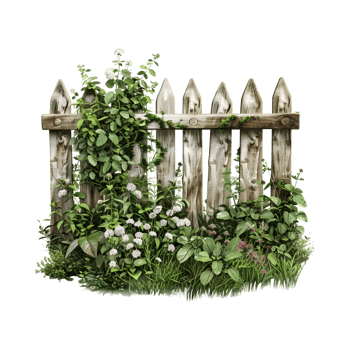 Wooden Fence with Grass and Flowers Outdoor on Transparent Background png