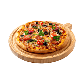 Pizza on a Wooden Round Plate on Transparent Background png