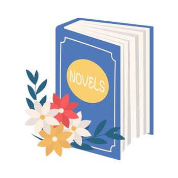 Books with flowers flat icon. Cartoon floral decorations. Wildflowers decor for literature. Poppy, sunflower, forget-me-not, cornflower bouquet on poetry book. Color isolated illustrations. vector