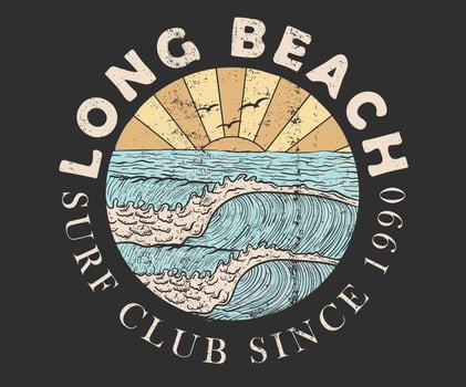 Palm tree retro print artwork. Long beach. Summer vibes. Surfing wave graphic print design for t shirt print, poster, sticker and other uses. Enjoy beach life. Sunny day at the beach. Ocean wave. vector