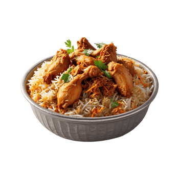 A Hot Delicious bowl of biryani with chicken pieces isolated on a transparent background, Beautiful view of traditional spicy indian food, Iftar meal, Ramadan dinner. png